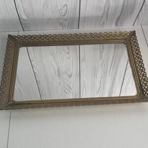 Vintage Hollywood Regency Gold Filigree Mirror Vanity Tray 15x9 Velvet Base
